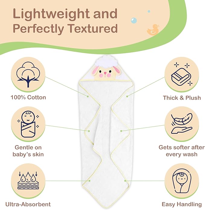 Mother's Choice Baby Hooded Towel - Large Size Cotton, Ultra-Soft & Absorbent Bath Towel for Newborns, Infants, Toddlers, Boys & Girls with Animal Hood (Sheep)