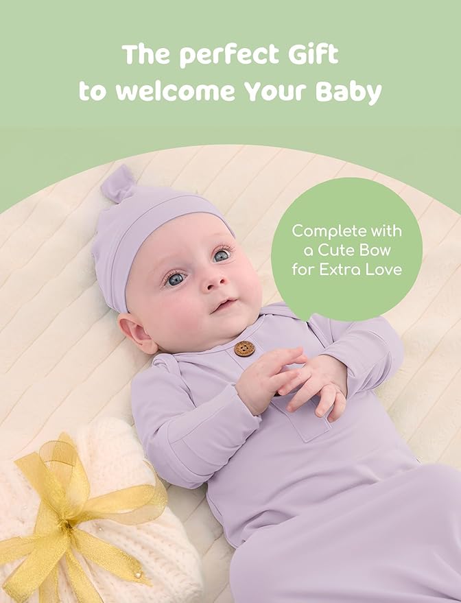 PATPAT Baby Sleeper Gown with Bamboo Viscose for Newborn Girls Boys, Knotted Nightgown with Mittens for Infant Home Coming