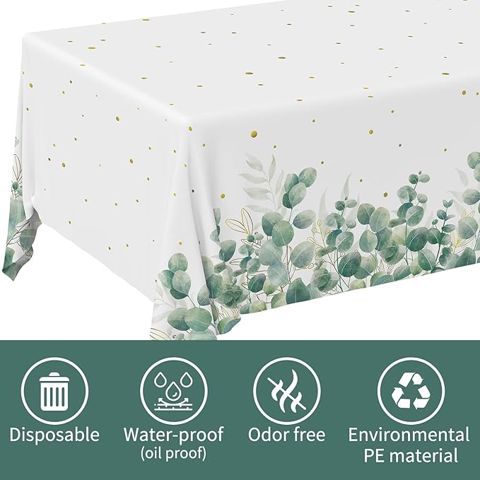 Sage Greenery Baby Shower Disposable Tablecloth, Plastic Table Cover for Baby Shower Party,Boho Greency 3 PCS, 54”x 108”