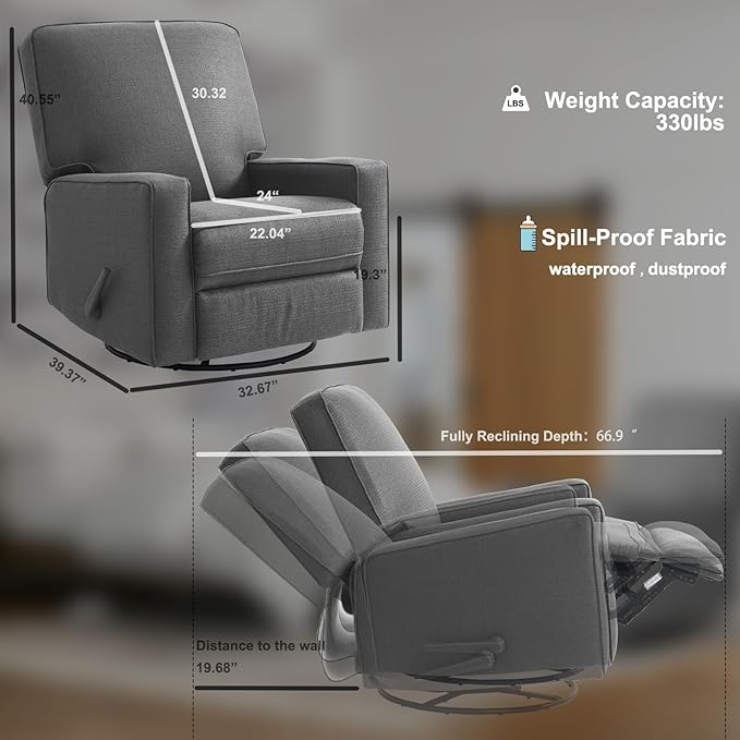 Harkawon Swivel Rocker Recliner Chair, Glider Rocker Recliner, Rocking Chair Nursery, Fabric Chair with High Back, Deep Seat, for Living Room, Bedroom (Dark Grey)