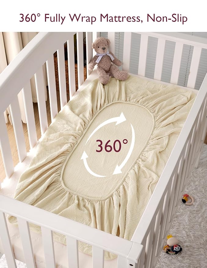 Momcozy Muslin Fitted Mini Crib Sheets, 38"x26", 2 Pack Soft Breathable Natural Cotton Baby Mattress Sheet, 360° Mattress Wrapping No Slip Boys Girls Neutral Toddler Bed Sheet, Beige Blush
