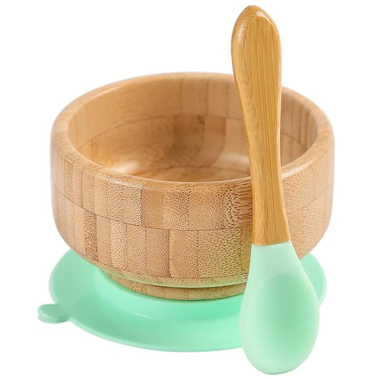 Baby Bamboo Bowls with Suction and Matching Spoon Set - 2PC Feeding Supplies Set for Infant, Toddlers - Detachable Silicone Suction Stay Put Base for Wooden Bowl - BPA Free (Mint)