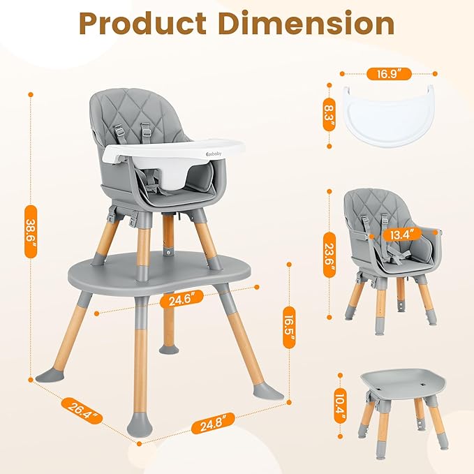 Ezebaby Baby High Chair, 8 in 1 Convertible High Chairs to Booster Seat/Toddler Chair/Table and Chair Set, Baby Feeding Chair with Adjustable Tray & PU Cushion(Grey)
