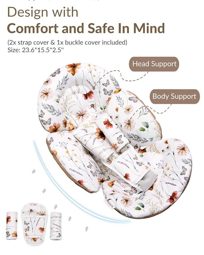 Generic Infant Car Seat Insert Compatible with Mamaroo Swing & Graco Swing and Infant Car Seat, Newborn Insert Baby Head Body Support, Reversible Design, Breathable Fabric, 1Pcs - Brown Wildflower