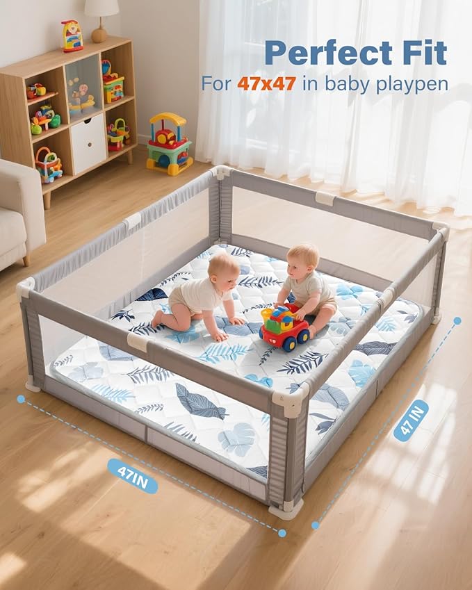 Baby Play Mats for Floor, 47x47 Playpen Mat, Thicken Cushioning Padding Foam Playmate for Baby and Toddlers Infants, Non-Slip & Machine Washable Tummy Time Mat