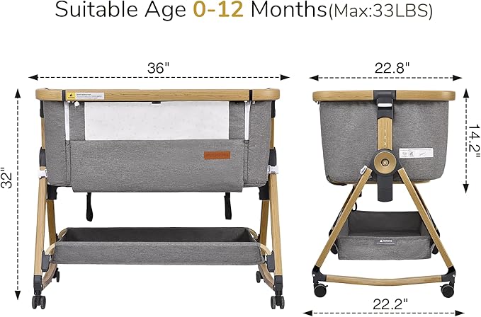 Maydolly Baby Bassinet & Bedside Sleeper, 3 in 1 Rocking Bassinet with Mattress & Sheet, Adjustable Height, Removable Breathable Cover, Easy Folding Infant Crib (Grey)