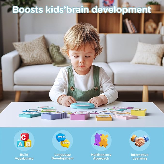 Spanish & English Talking Flash Cards for Toddlers, Pocket Speech Therapy Toys with 510 Words, Montessori Language Learning and Autism Toys, Children's Sensory Learning Device Gift (Blue)