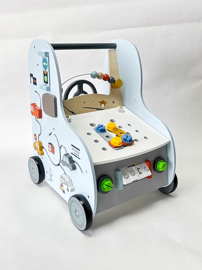 Wooden Baby Push Walker with Activity Center โ Car Traffic Theme Tool Bench Shape Sorter, Steering Wheel, Gears, Beads, Montessori Toy for Toddlers 1-3, Walking Learning Baby Push Toy Speed Adjustable