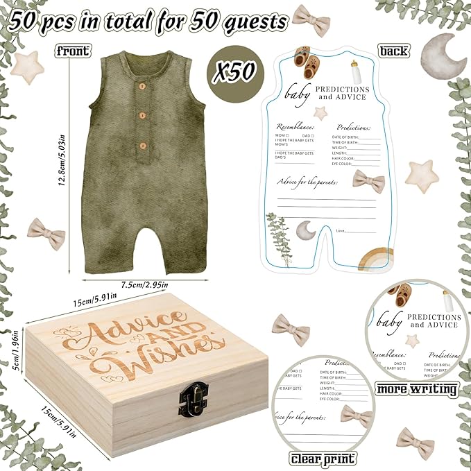 50 Pcs Double Side Green Cloth Baby Predictions & Advice Neutral Boy Cards for New Parents Baby Shower Games with Cards Wooden Keepsake Box for Wishes Decorations