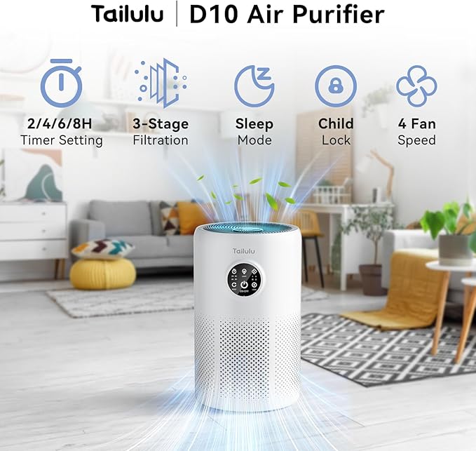 Air Purifiers for Home Pets Large Room Up to 1360 Ft², Tailulu D10 HEPA Air Purifiers for Bedroom with 15dB Sleep Mode, Air Filter for Pet Dander Smoke Odor Dust Pollen with Timer Fragrance Sponge