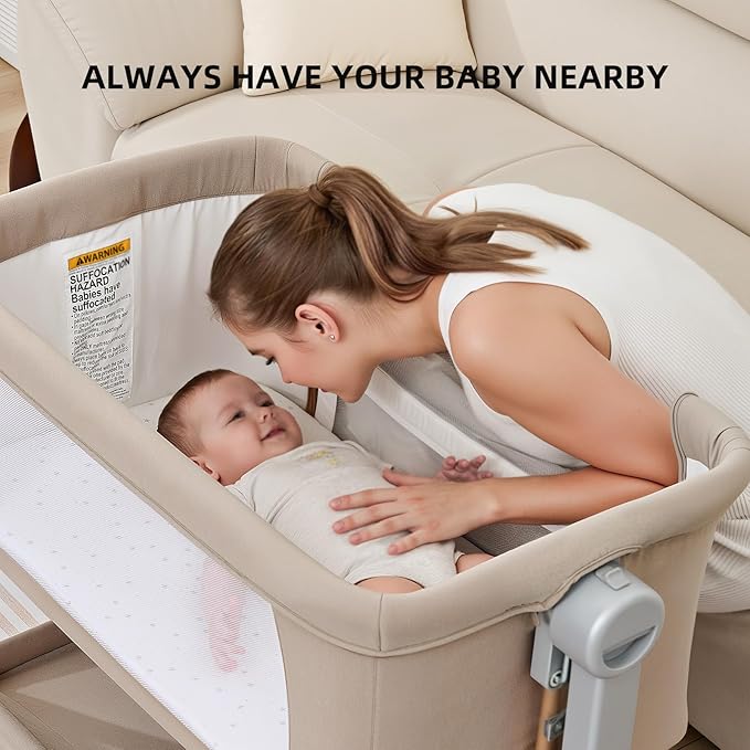 ANGELBLISS 3 in 1 Baby Bassinet, Rocking Bassinets Bedside Sleeper with Comfy Mattress and Wheels, 6 Height Adjustable Easy Folding Portable Bedside Crib for Newborn Infant (Khaki)