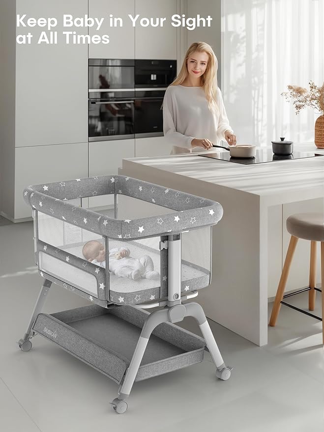 Bassinet Bedside Sleeper, Baby Crib with Mattress and Adjustable Height & Upgraded Wheels, All Mesh Portable Bassinet, Baby Bed for Newborn