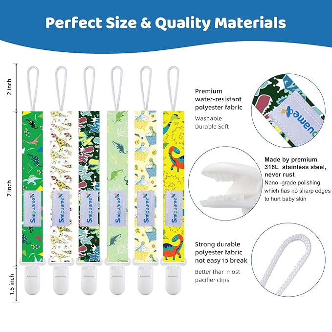 Smlpuame Baby Pacifier Clip for Boys Girl,6 Pack Stylish Binky Clips Strap,Paci Holder with Clips Universal Lightweight Fits Most Pacifiers Teeher Toy Teething Ring Soothie,Baby Gifts(Dinosaur)