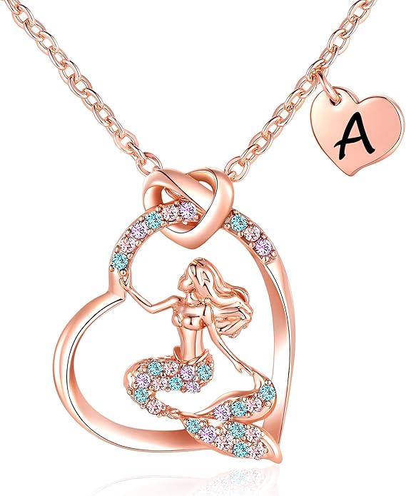 K-Acc 14K Gold-Plated Mermaid Initial Heart Necklace - Gifts for Girls