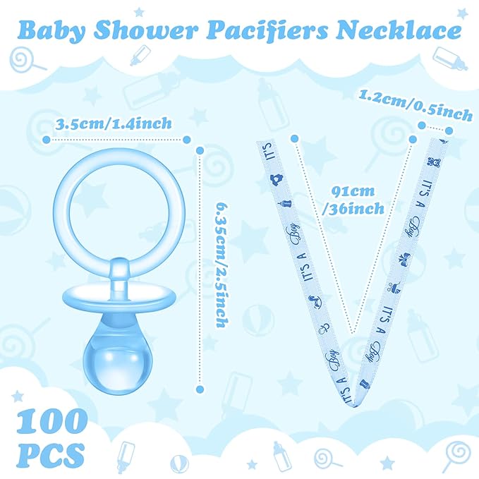 Chengu 100 Pcs Baby Shower Pacifiers Necklace, Acrylic Pacifiers Necklace Party Favors for Girls Boys Baby Shower Party Decorations Table Scatter(Blue)