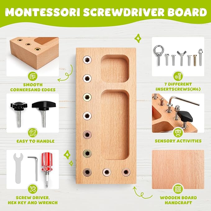 Montessori Busy Board for Toddlers 1-3 Years, Wooden Screwdriver Activity Board, Fine Motor Skills & Sensory Development Toy, Preschool Learning & Travel
