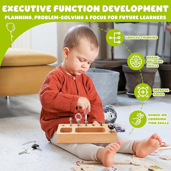 Montessori Busy Board for Toddlers 1-3 Years, Wooden Screwdriver Activity Board, Fine Motor Skills & Sensory Development Toy, Preschool Learning & Travel