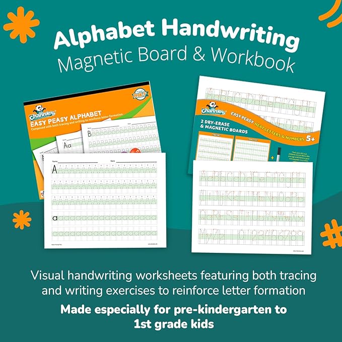 Channie’s Easy Peasy Alphabet Handwriting Workbook + 2 Easy Peasy Dry-Erase Neat Numbers & Letters Tracing Magnetic Boards for Pre-K - 1st Grade, Homeschool Learning & Summer School Teaching Supplies