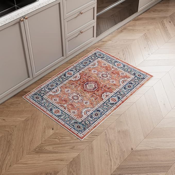 Dripex Vintage Washable Area Rug - 2x4 Indoor Door Mat Oriental Medallion Accent Throw Rug Distressed Foldable Non-Slip Low-Pile Bathroom Kitchen Rug for Entryway Laundry Room Living Room Bedroom