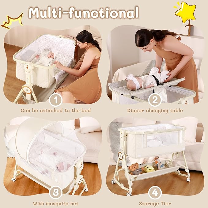 Baby Bassinet 5 in 1,Baby Bedside Bassinet with Diaper Table, Mosquito Net, Mattress, Storage Layer, Can Be Stored in One Button Travel Crib (Beige)