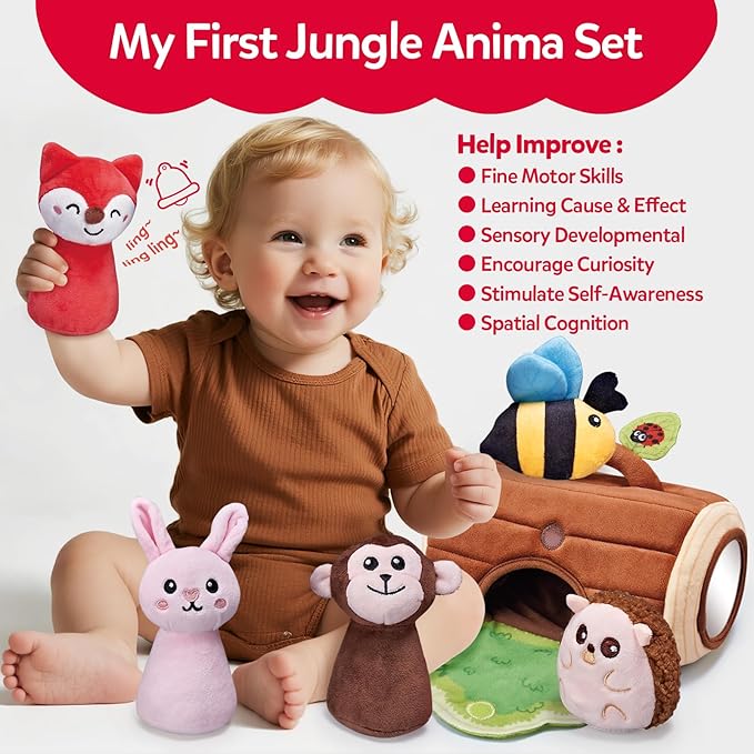 Baby Toys 6-12 Months - Soft Stumps with Jungle Animals Friends,Rattle,Crinkle Paper,Squeaker,Mirror - Sensory Montessori Toys for 6 Month Old Babies,1-3 Year Old Boy Girl Gifts