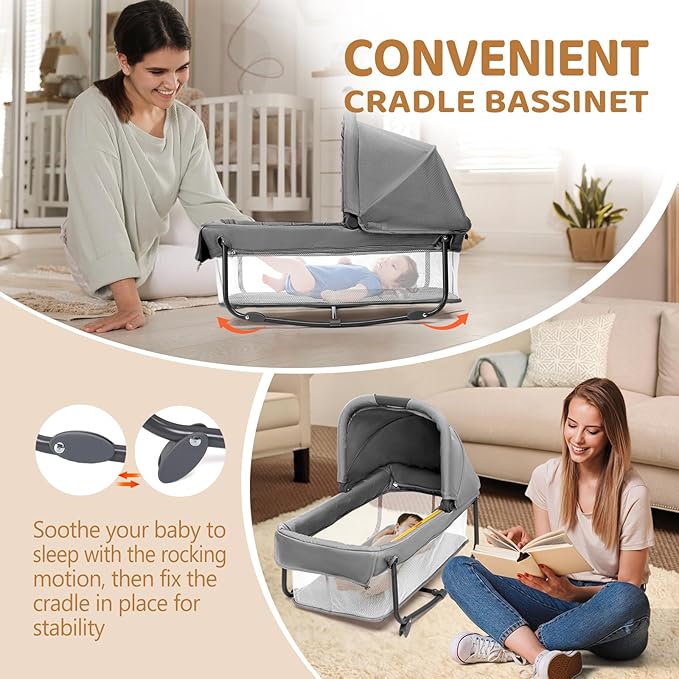 JOYMOR Twin Bassinet for Baby, Bedside Bassinet, Convertible to Bedside Sleeper and Playpen, with Wheel, Brake, Foldable Side Sleeper, Gray