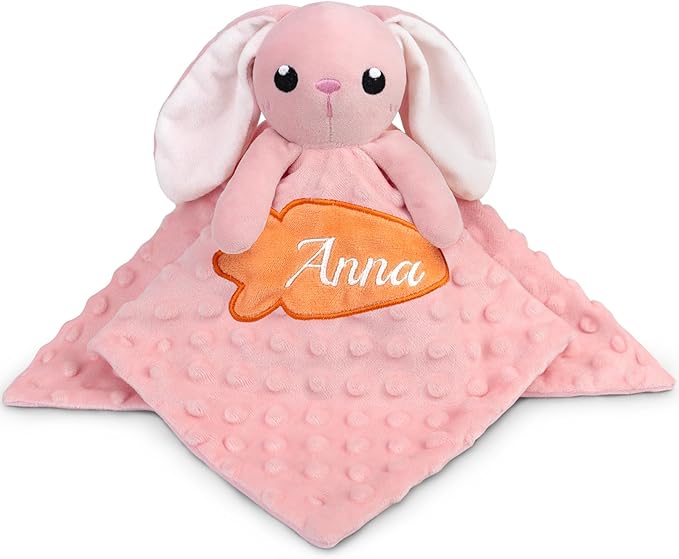 Personalized Security Blankets for Babies with Names, Bunny Custom Baby Blanket, Embroidered Lovie Lovey Security Blanket for Babies Girls Boys, Newborn 1st Birthday Gifts (Pink Rabbit)