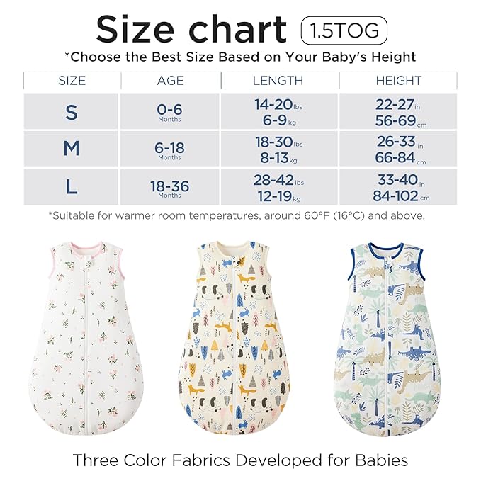 Duomiaomiao 1.5 TOG Baby Sleep Sack 100% Cotton Four Season Baby Wearable Blanket, Breathable Comfy Toddler Sleeping Sack