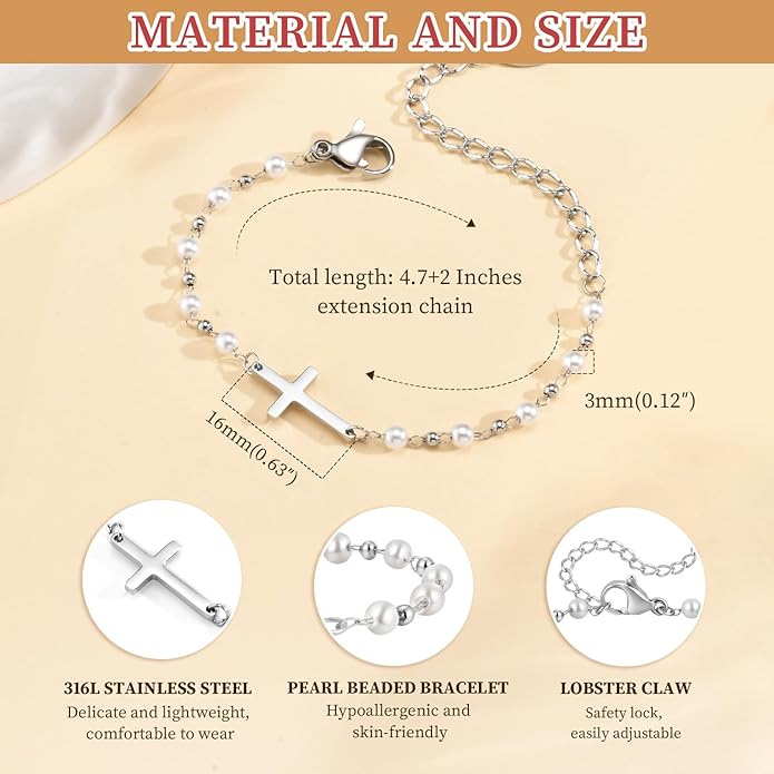 Baby Baptism Cross Bracelet Gift : 18k Gold Plated/Silver Delicate Pearl Cross Bracelets Kids Daughter Granddaughter Birthday First Communion Confirmation Gifts Christian Jewelry for Boys Girls