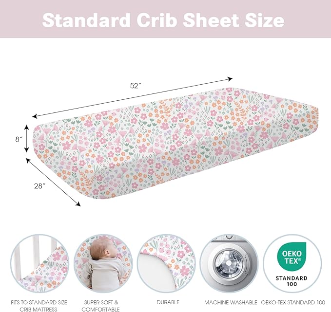 Little Grape Land Toddler Sheets 4 Pack – Baby Crib Sheets Fitted for Boys Girls, Standard Size 28x52‘’ Crib Mattress, Super Soft Breathable Washable Microfiber (Floral/Blossom/Dots/Blush Pink)