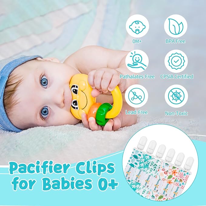 Babygoal Floral Pacifier Clips, 6 Pack Binky Paci Holder Clips and Leash for Boys and Girls Fits for Most Pacifier, Binkie Styles & Baby Teethers & Toys and Gift 6PS13