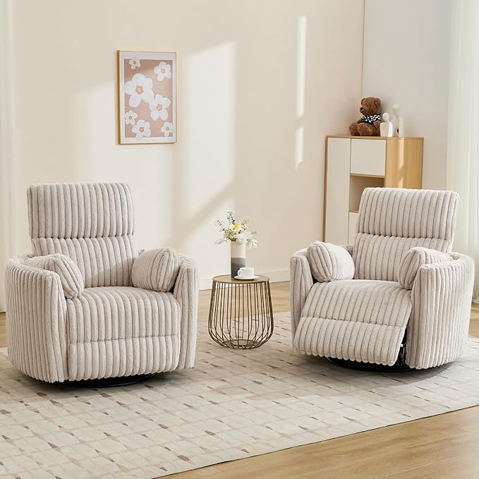 Power Swivel Glider Rocking Recliner Nursery Chair with 2 Pillows, Electric Rocker Reclining Chairs with Type-C & USB Charger Port for Living Room, High Back Barrel Armchair for Bedroom,Corduroy,Beige