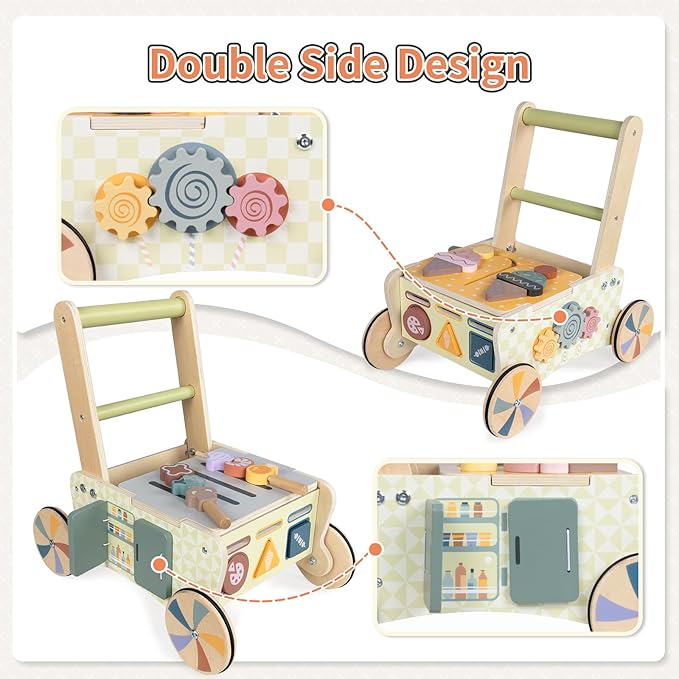 LOL-FUN Wooden Baby Walker with Wheels, Baby Push Walker for Baby Girl and Boy 12 Months, Walking Push Toys 1 Year Old Girl Boy Gifts