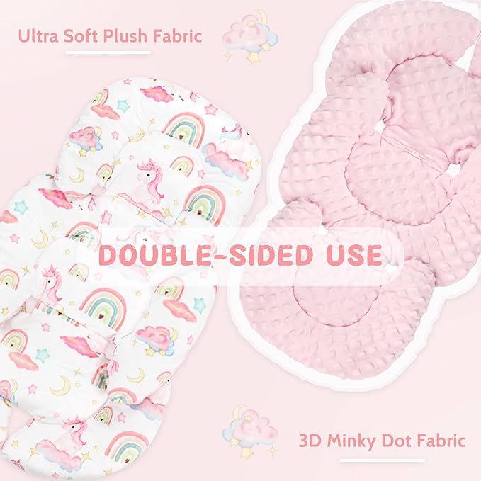 Pea Pod Infant Car Seat Insert with Strap Covers, All in One Reversible Baby Car Seat Head Support for Newborn, 3D Soft Minky Carseat Cushion for Preemie to Infant, Stroller, Swing, Bouncer, Unicorn