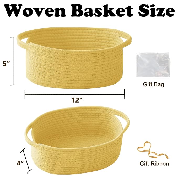 Gift Basket with Gift Bag and Ribbons,Small Rope Woven Shelf Storage,Baskets for Gifts Empty,Birthday,Shower,Decorative Organizer Box for Cat Dog Pet with Handles(Yellow)