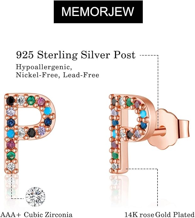 Memorjew Initial Stud Earrings for Women, Hypoallergenic 925 Sterling Silver Post Rainbow Cubic Zirconia Gold Plated 26 Initial Earrings for Women Jewelry Gifts