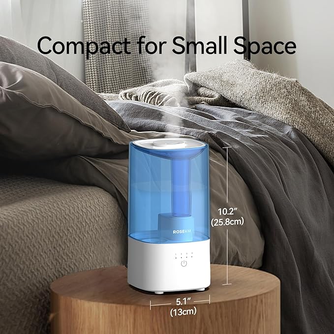 Cool Mist Humidifiers for Bedroom, 2.0L Small Humidifier for Baby and Plant, Last Up to 10H on Max Mist Setting, Auto Shut-Off, Auto-Off Indicator, 360ยฐ Nozzle