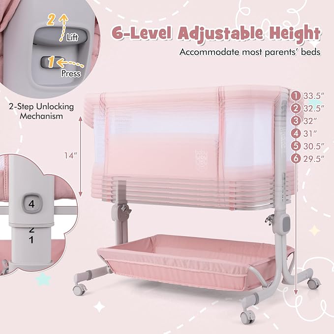 BABY JOY Bassinet, Bedside Crib w/ 6-Level Adjustable Height, Storage Shelf, Wheels, Mattress & Carry Bag for Safe Co-Sleeping, Folding Bassinet Bedside Sleeper for Newborn Infants (Pink)