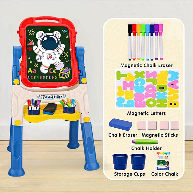 Art Easel for Kids 2-4, Kids Easel Art Magnetic White Board & Chalkboard Double Side Adjustable Stand Drawing Writing Learning Educational Toy for Boys Girl Birthday Gifts(Blue)