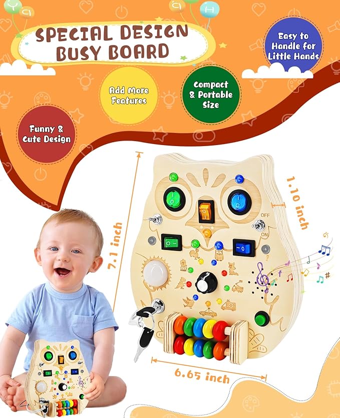 Busy Board Montessori Wooden Sensory Toy with LED Light Switches, Music, Toddler Light Switch Activity Travel Toys for 1 2 3 Year Old Boys Girls Toddler Toys Gifts