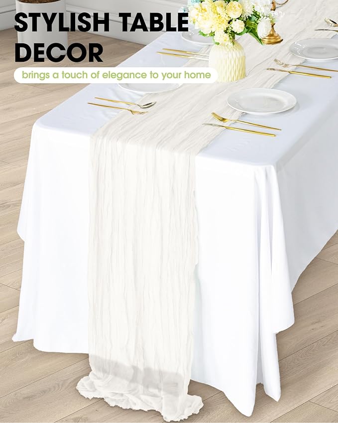 Pureegg 2-Pack Cheese Cloths Table Runner, 120'' Boho Table Cloth Decorations for Party, Baby Shower, Wedding and Farmhouse, Fabric Room Decor, Ivory