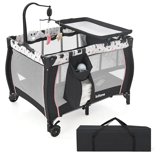 INFANS 3 in 1 Pack and Play, Portable Travel Baby Crib Bassinet with Detachable Mattress, Newborn Changing Table, Foldable Playpen with Carry Bag and 2 Wheels (Cartoon)