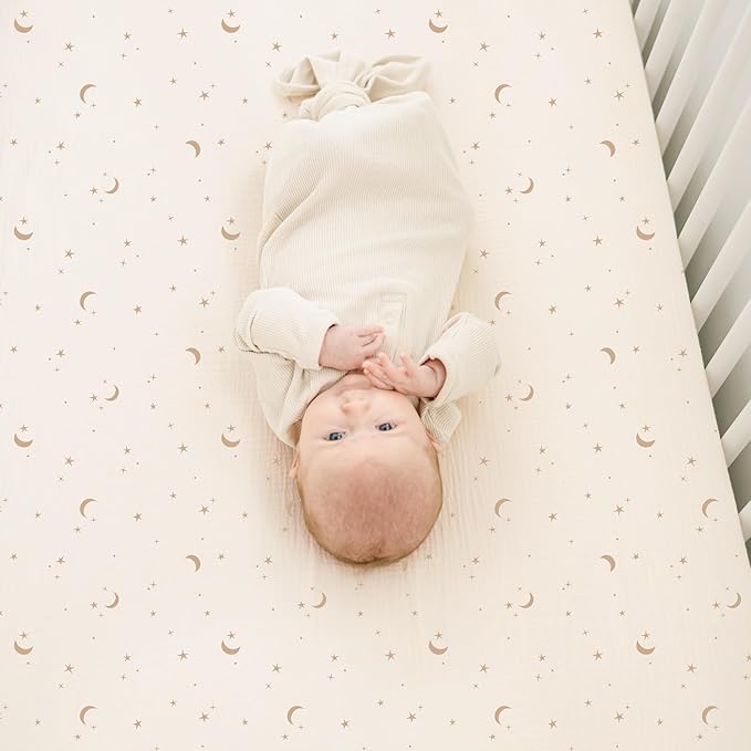 Konssy Muslin Crib Sheets for Boys, Soft Cotton Neutral Baby Sheets for Standard Crib Mattress 2 Pack, 52"x28" (Coffee Check,Moon)