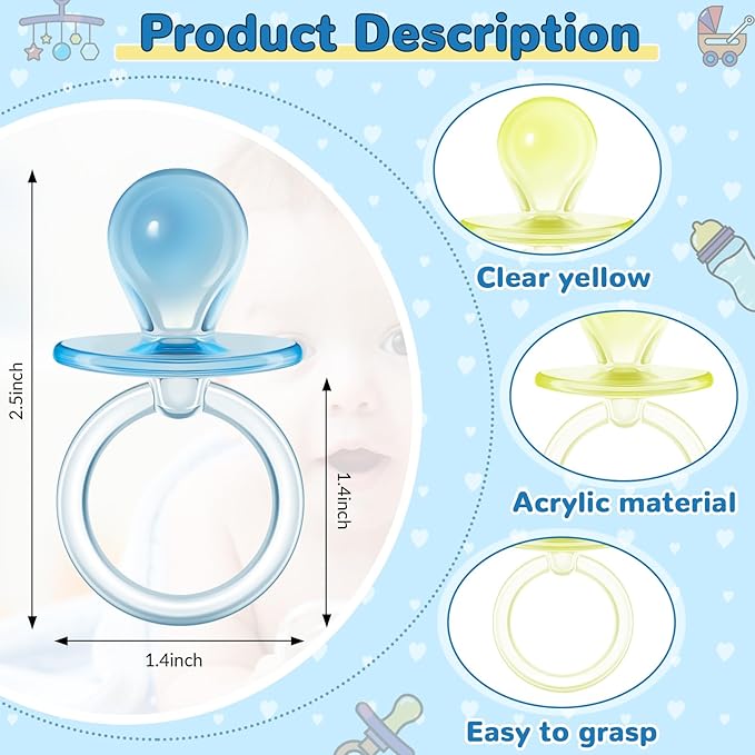 Jetec 48 Pieces 2.5 Inch Acrylic Baby Pacifiers Gender Reveal Party Decorations for DIY Baby Shower Birthday Party Favors(Pink, Blue, Clear, Yellow, Green, Purple)