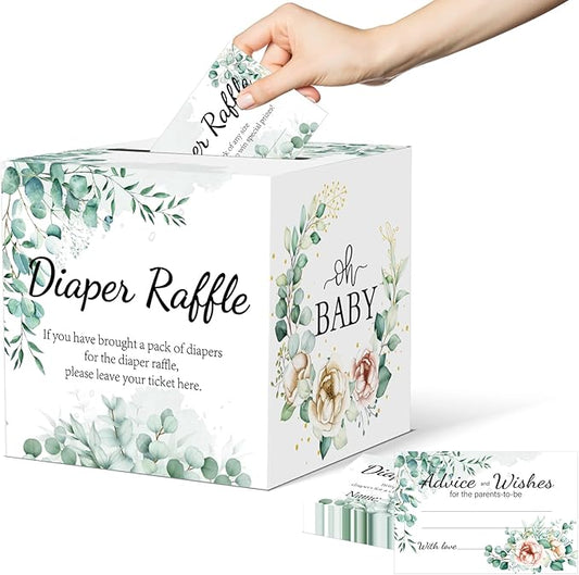 Baby Shower Games, Greenery Diaper Raffle Box for Baby Shower, 50 PCS Diaper Raffle Tickets Card Box with Advice and Wishes for the Parents-to-be, Baby Shower Decorations, Diaper Raffle Sign
