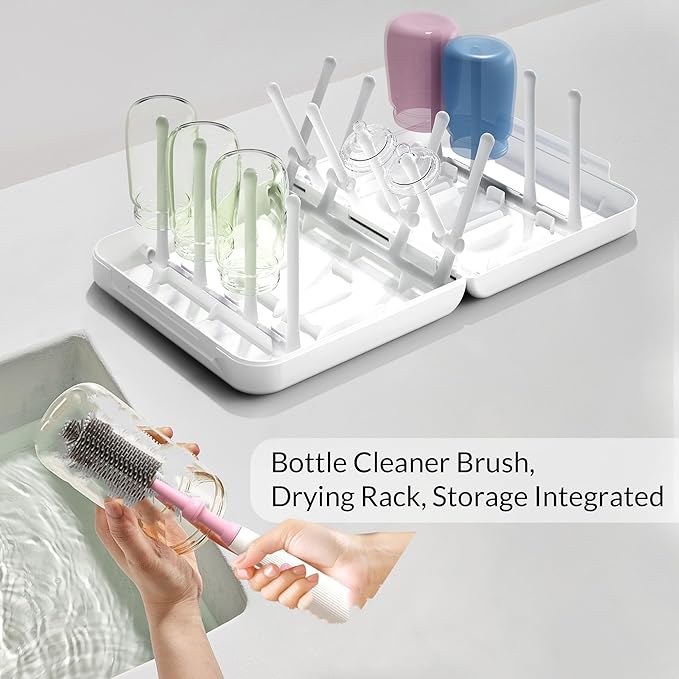 Powerful Electric Baby Bottle Brush Cleaner Set,Complete with Silicone Bottle/Nipple/Gap/Straw Brushes,Plus a Dispenser and Foldable Drying Rack,Effort Electric Cleaning Brush,Portable Travel Set