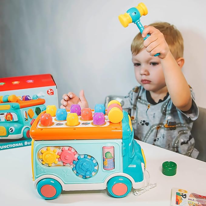 Music Activity Bus Baby Toy, Infant Education Learn Car, Sound & Light, Interactive Game, Shape Sorter, Animal Matching, Holiday Birthday Present for Toddler Kid Boy Girl 3 4 5 6 7 Years (Blue)