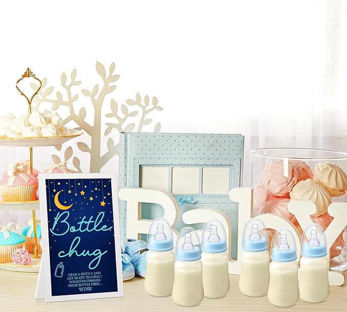 Roowest Bottle Chug Baby Shower Game Favors Including Moon Star Theme Wooden Sign and 18 Pcs Baby Bottles for Gender Reveal Party Supplies