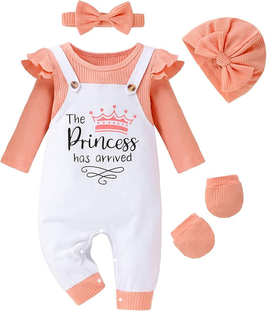 Baby Girl Clothes Patter&Letter Baby Girl Romper with Bow Hat&Headband and Gloves 4Pcs Baby Girl Coming Home Outfit