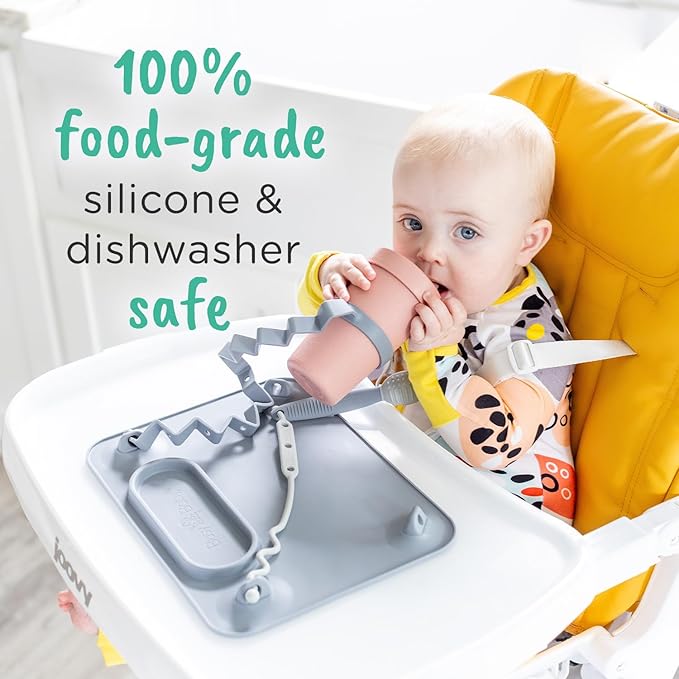 BUSY BABY Silicone Mat - New and Improved Suction Cups, 4 Straps to Secure Baby Essentials, Self Feeding, Baby Led Weaning, Travel Sleeve Included (Blue)